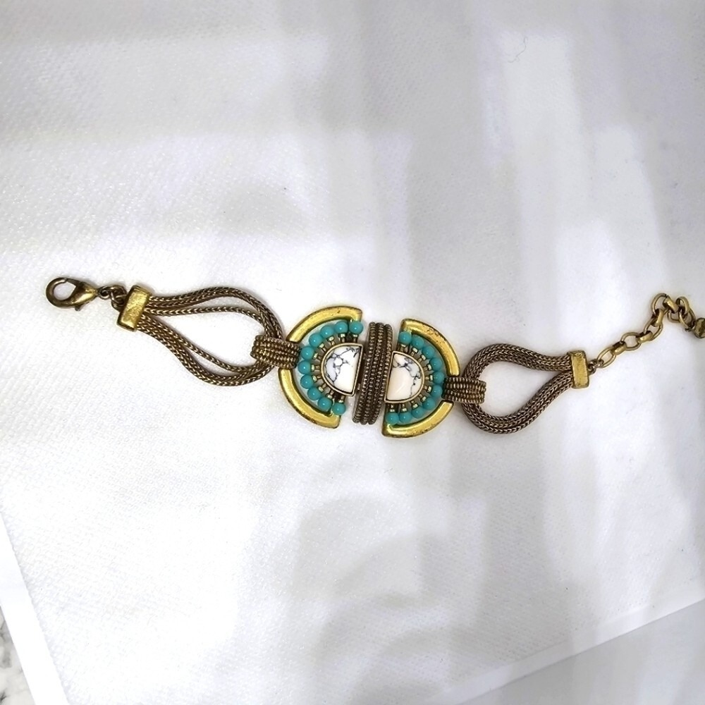 Stella & Dot Art Deco Gold/Antiqued Bronze Blue & White Turquoise Bracelet Glitz